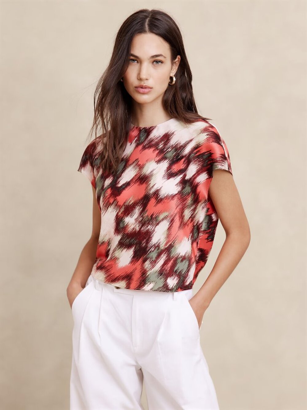 2/$30 Banana Republic Satin Blouse in Abstract Pink Print Large #A4168